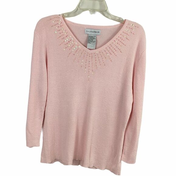 Sag Harbor Sequins Ice Pink V Neck Sweater Size Large - Picture 1 of 5